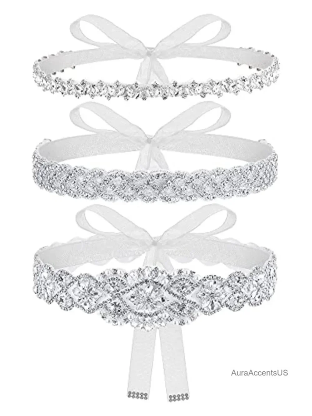 3 Pcs Rhinestone Bridal Belts Organza Ribbon Wedding Sash Crystal Belts